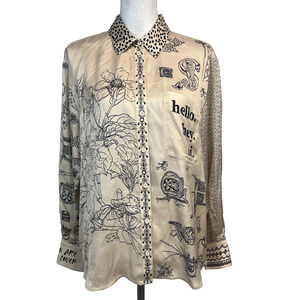 Me369 Blouse Tunic size Medium Gold Black HELLO HEY HI Artsy Peacock Graphic #S